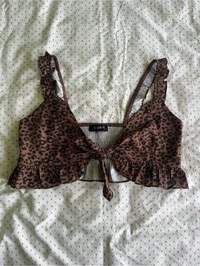 Storia Animal Print Tie Front Bralette Sleeveless Crop Top with Ruffle Straps, S